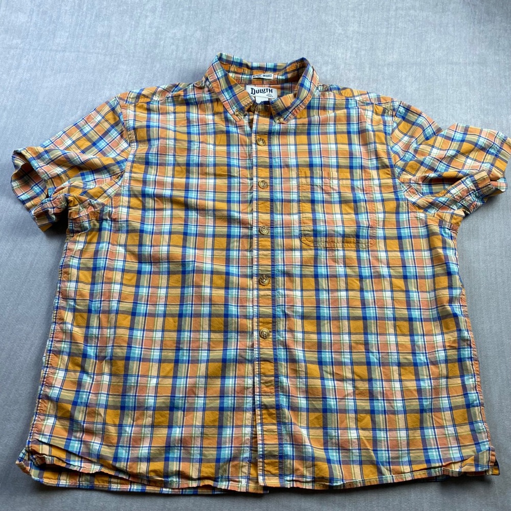 Duluth Trading Co Untucked Shirt Mens XL Relaxed Fit Plaid Short Sleeve Orange